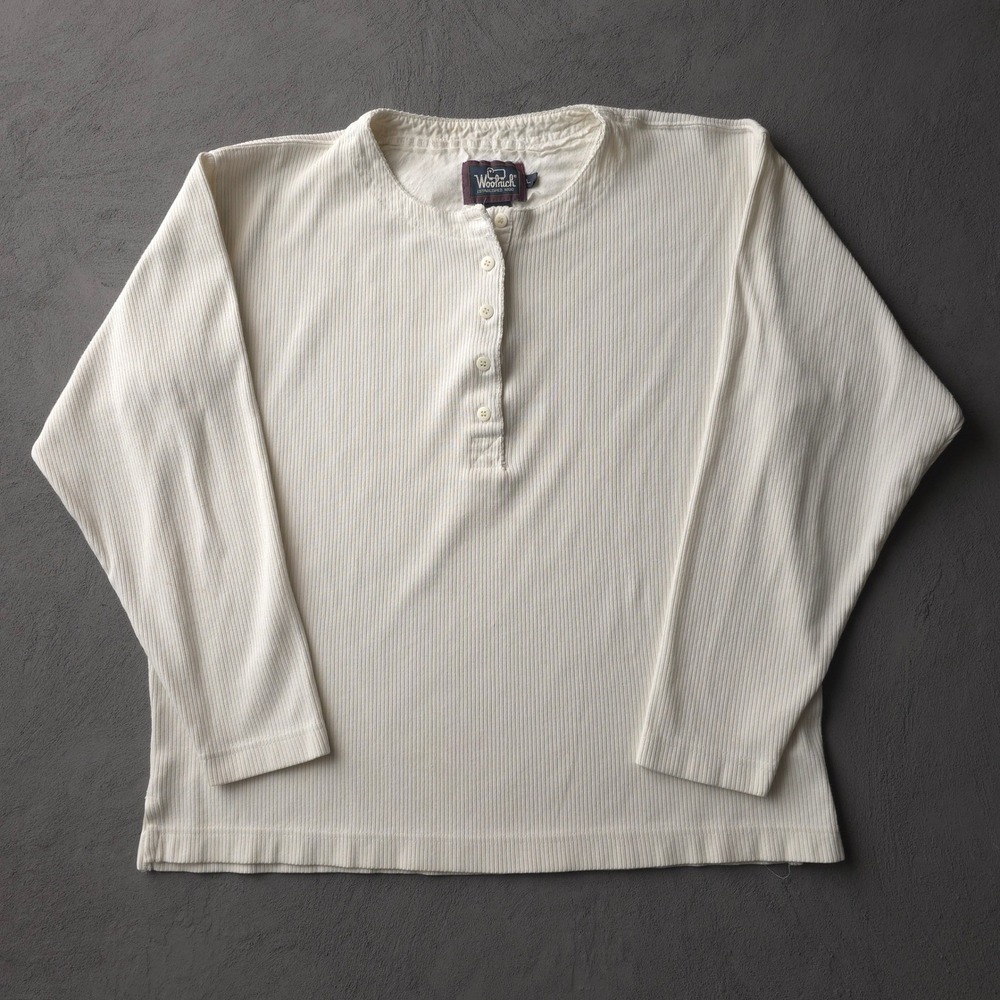 Vintage 90s Woolrich Cream Henley T-shirt Large Ribbed Cotton